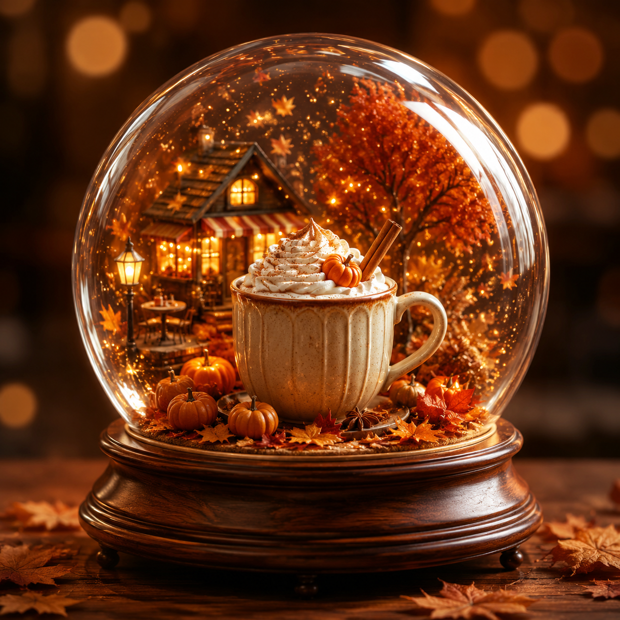 A magical pumpkin spice latte café inside an autumn snow globe