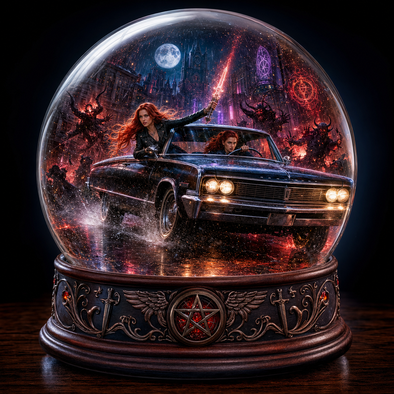 Two redheaded demon hunters racing through a gothic city in a classic car inside a snow globe