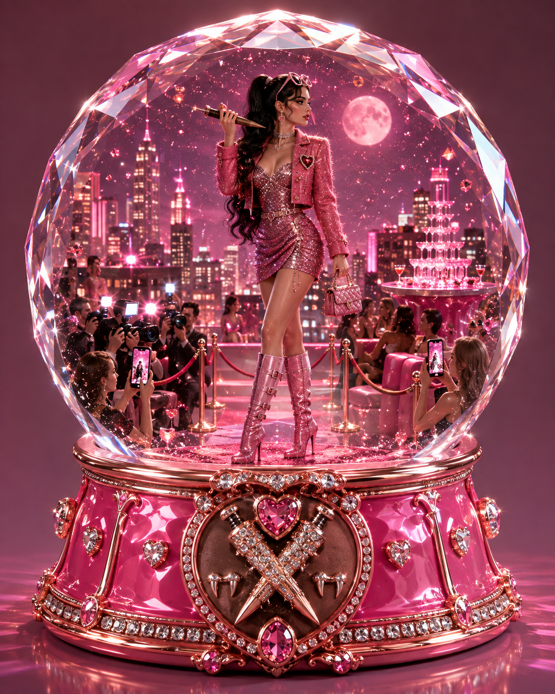 A glamorous socialite vampire slayer inside a sparkling pink snow globe