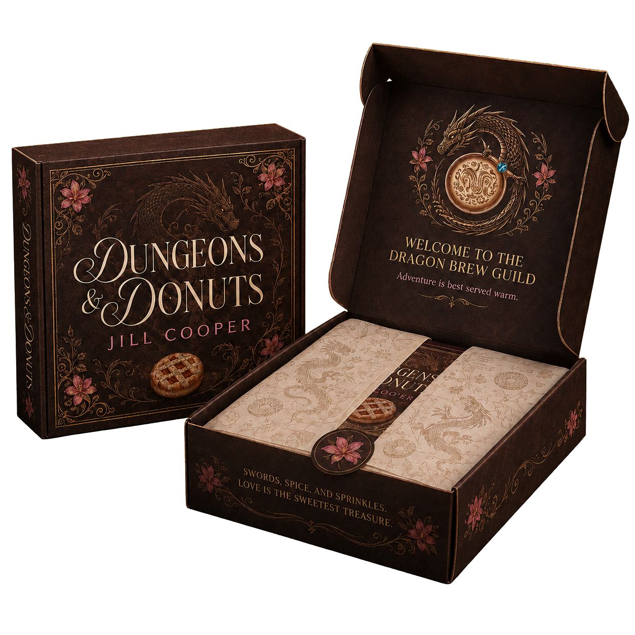 Dungeons & Donuts book and open Dragon Brew Guild collector box